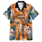 Wests Tigers Family Matching Long Sleeve Bodycon Dress and Hawaiian Shirt Tropical Hibiscus Floral Pattern With Orange And Black Accents