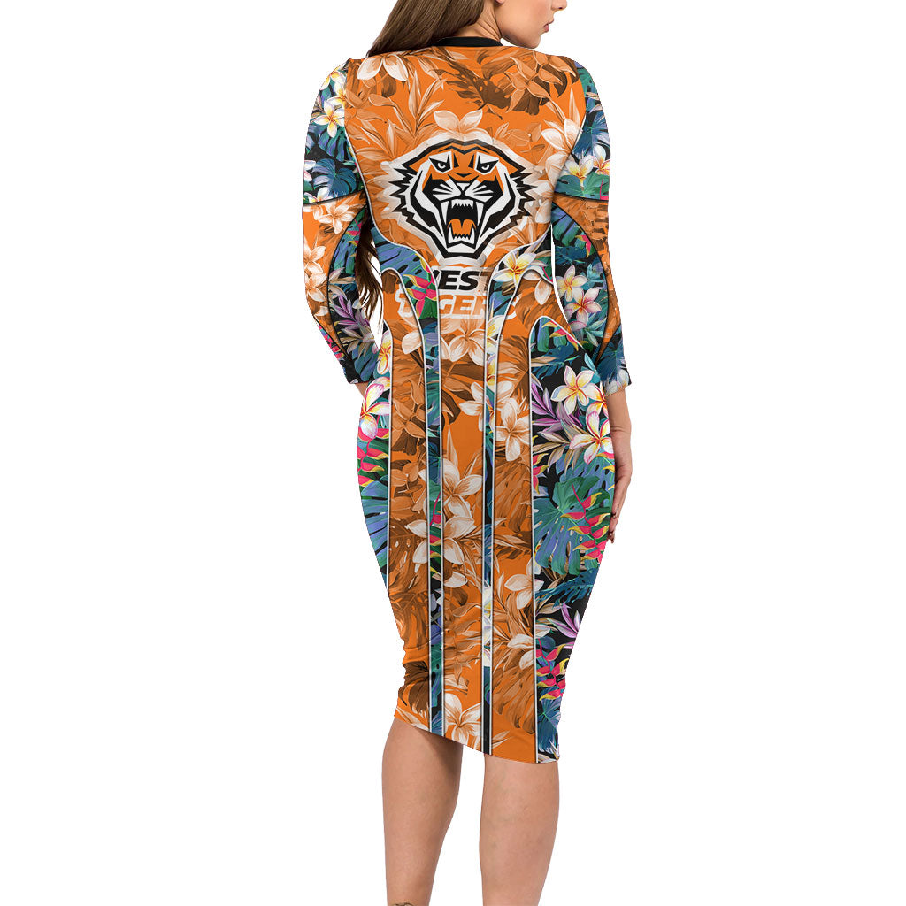 Wests Tigers Family Matching Long Sleeve Bodycon Dress and Hawaiian Shirt Tropical Hibiscus Floral Pattern With Orange And Black Accents