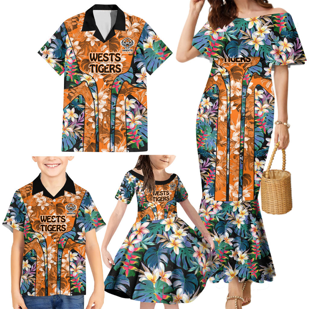 Wests Tigers Family Matching Mermaid Dress and Hawaiian Shirt Tropical Hibiscus Floral Pattern With Orange And Black Accents