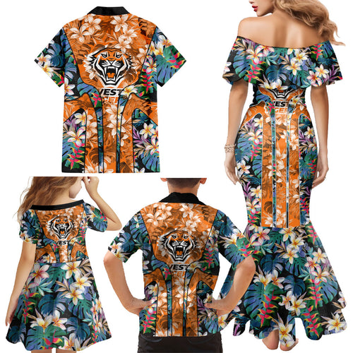 Wests Tigers Family Matching Mermaid Dress and Hawaiian Shirt Tropical Hibiscus Floral Pattern With Orange And Black Accents
