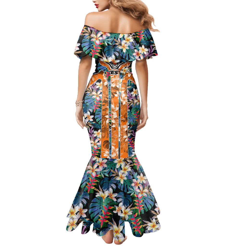 Wests Tigers Family Matching Mermaid Dress and Hawaiian Shirt Tropical Hibiscus Floral Pattern With Orange And Black Accents