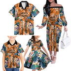Wests Tigers Family Matching Off The Shoulder Long Sleeve Dress and Hawaiian Shirt Tropical Hibiscus Floral Pattern With Orange And Black Accents