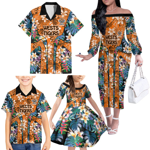 Wests Tigers Family Matching Off The Shoulder Long Sleeve Dress and Hawaiian Shirt Tropical Hibiscus Floral Pattern With Orange And Black Accents