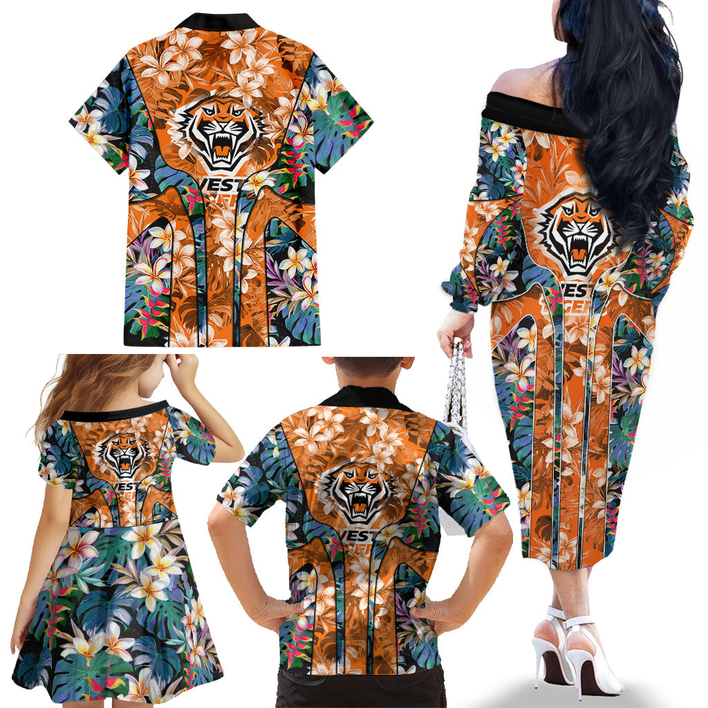 Wests Tigers Family Matching Off The Shoulder Long Sleeve Dress and Hawaiian Shirt Tropical Hibiscus Floral Pattern With Orange And Black Accents