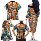 Wests Tigers Family Matching Off The Shoulder Long Sleeve Dress and Hawaiian Shirt Tropical Hibiscus Floral Pattern With Orange And Black Accents
