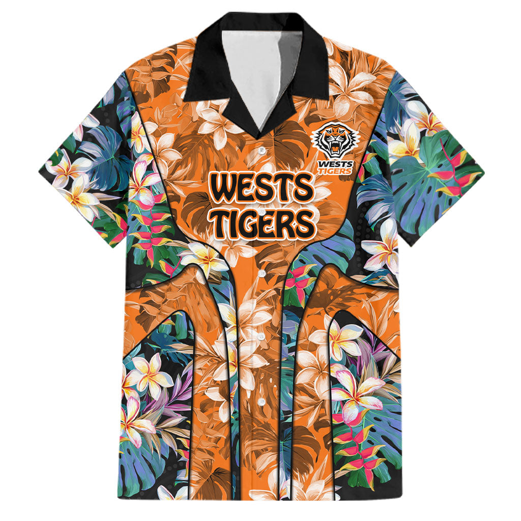 Wests Tigers Family Matching Off The Shoulder Long Sleeve Dress and Hawaiian Shirt Tropical Hibiscus Floral Pattern With Orange And Black Accents