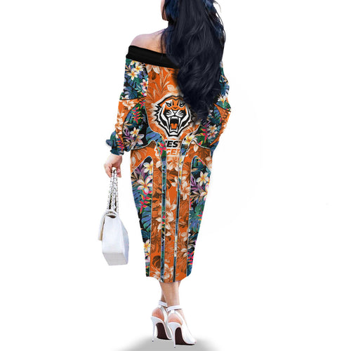 Wests Tigers Family Matching Off The Shoulder Long Sleeve Dress and Hawaiian Shirt Tropical Hibiscus Floral Pattern With Orange And Black Accents