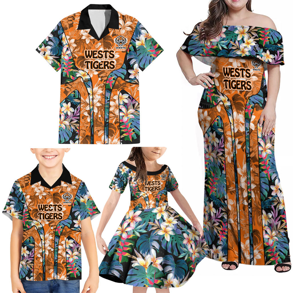 Wests Tigers Family Matching Off Shoulder Maxi Dress and Hawaiian Shirt Tropical Hibiscus Floral Pattern With Orange And Black Accents