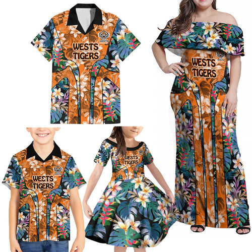 Wests Tigers Family Matching Off Shoulder Maxi Dress and Hawaiian Shirt Tropical Hibiscus Floral Pattern With Orange And Black Accents