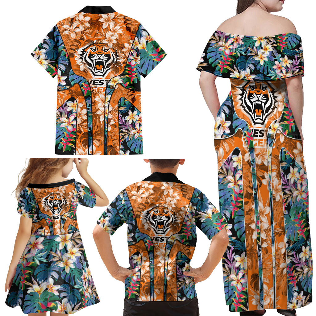 Wests Tigers Family Matching Off Shoulder Maxi Dress and Hawaiian Shirt Tropical Hibiscus Floral Pattern With Orange And Black Accents