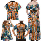 Wests Tigers Family Matching Off Shoulder Maxi Dress and Hawaiian Shirt Tropical Hibiscus Floral Pattern With Orange And Black Accents