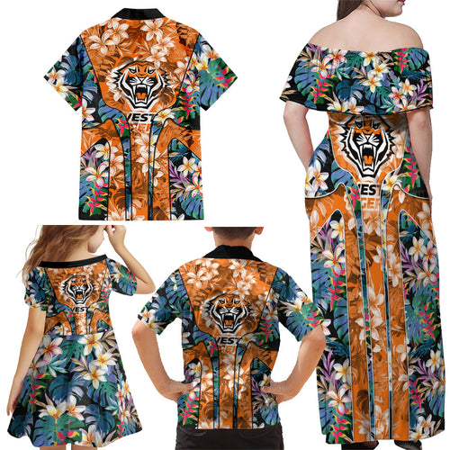 Wests Tigers Family Matching Off Shoulder Maxi Dress and Hawaiian Shirt Tropical Hibiscus Floral Pattern With Orange And Black Accents