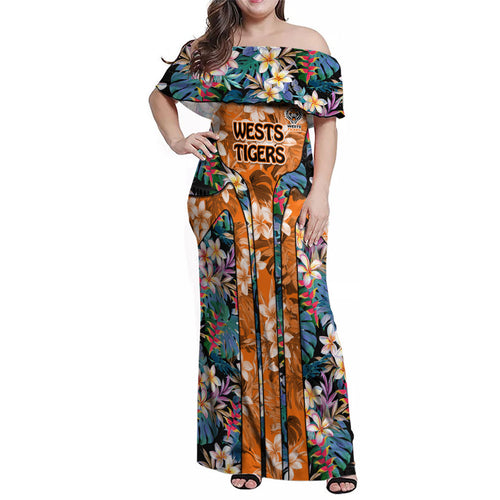 Wests Tigers Family Matching Off Shoulder Maxi Dress and Hawaiian Shirt Tropical Hibiscus Floral Pattern With Orange And Black Accents