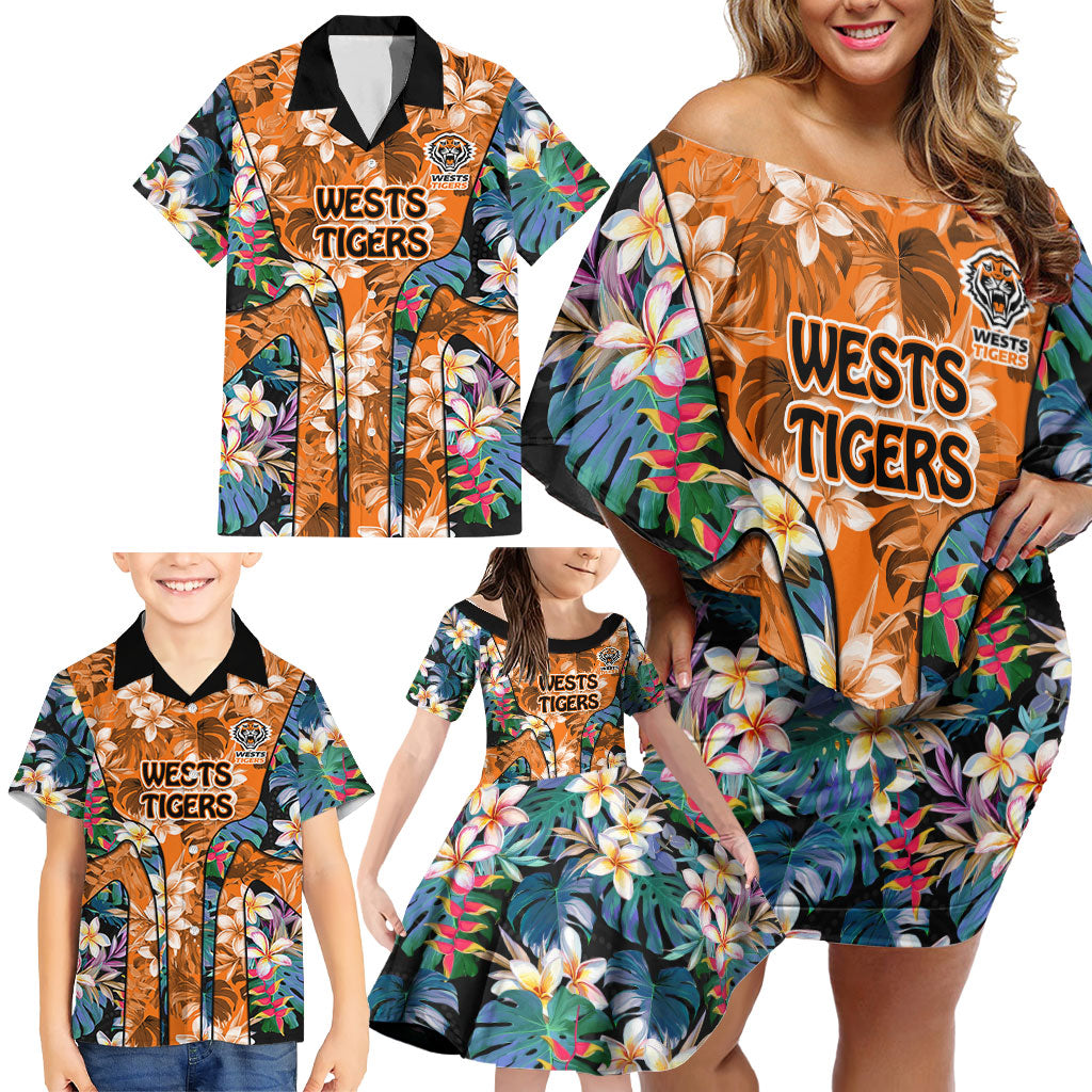 Wests Tigers Family Matching Off Shoulder Short Dress and Hawaiian Shirt Tropical Hibiscus Floral Pattern With Orange And Black Accents