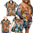 Wests Tigers Family Matching Off Shoulder Short Dress and Hawaiian Shirt Tropical Hibiscus Floral Pattern With Orange And Black Accents
