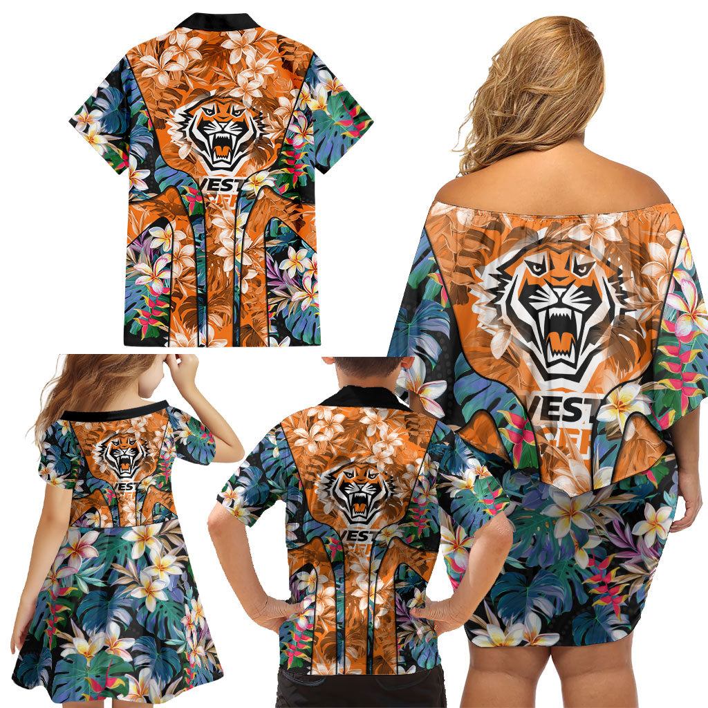 Wests Tigers Family Matching Off Shoulder Short Dress and Hawaiian Shirt Tropical Hibiscus Floral Pattern With Orange And Black Accents