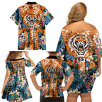 Wests Tigers Family Matching Off Shoulder Short Dress and Hawaiian Shirt Tropical Hibiscus Floral Pattern With Orange And Black Accents