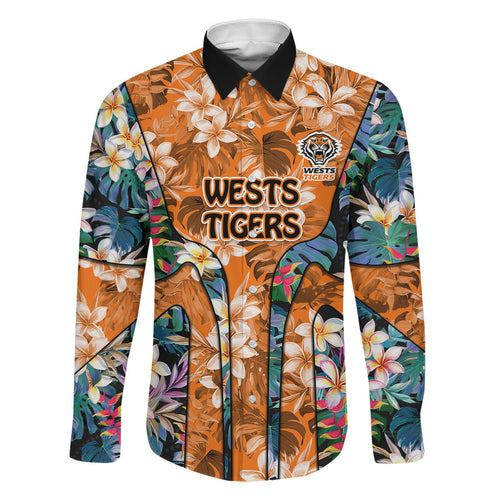 Wests Tigers Family Matching Off Shoulder Short Dress and Hawaiian Shirt Tropical Hibiscus Floral Pattern With Orange And Black Accents
