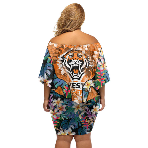Wests Tigers Family Matching Off Shoulder Short Dress and Hawaiian Shirt Tropical Hibiscus Floral Pattern With Orange And Black Accents