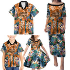 Wests Tigers Family Matching Puletasi and Hawaiian Shirt Tropical Hibiscus Floral Pattern With Orange And Black Accents
