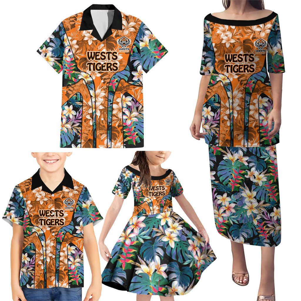 Wests Tigers Family Matching Puletasi and Hawaiian Shirt Tropical Hibiscus Floral Pattern With Orange And Black Accents