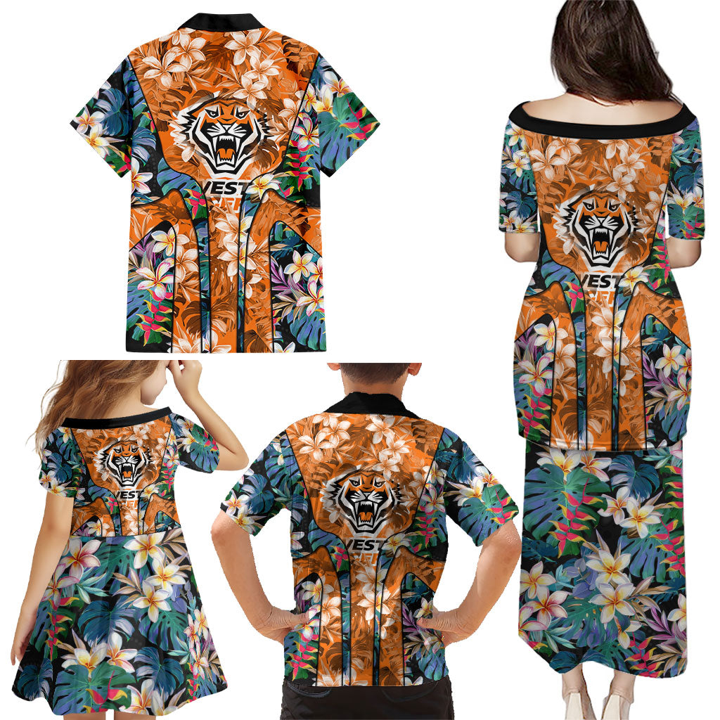 Wests Tigers Family Matching Puletasi and Hawaiian Shirt Tropical Hibiscus Floral Pattern With Orange And Black Accents
