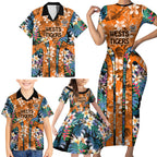 Wests Tigers Family Matching Short Sleeve Bodycon Dress and Hawaiian Shirt Tropical Hibiscus Floral Pattern With Orange And Black Accents