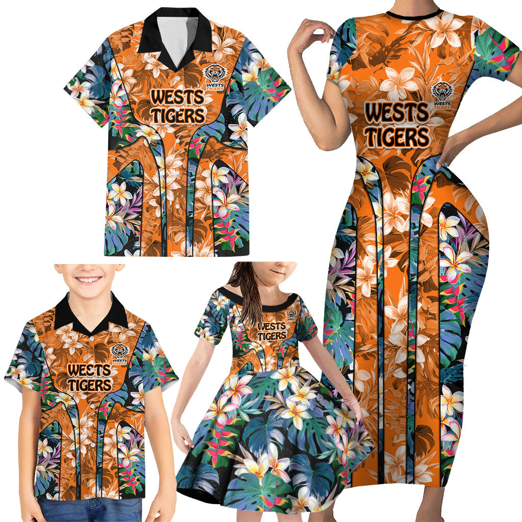 Wests Tigers Family Matching Short Sleeve Bodycon Dress and Hawaiian Shirt Tropical Hibiscus Floral Pattern With Orange And Black Accents
