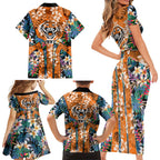 Wests Tigers Family Matching Short Sleeve Bodycon Dress and Hawaiian Shirt Tropical Hibiscus Floral Pattern With Orange And Black Accents