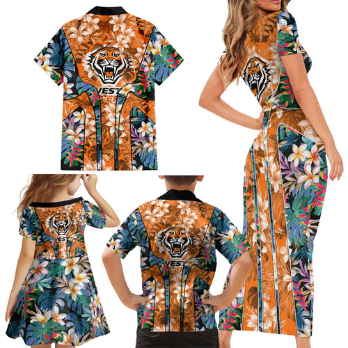 Wests Tigers Family Matching Short Sleeve Bodycon Dress and Hawaiian Shirt Tropical Hibiscus Floral Pattern With Orange And Black Accents