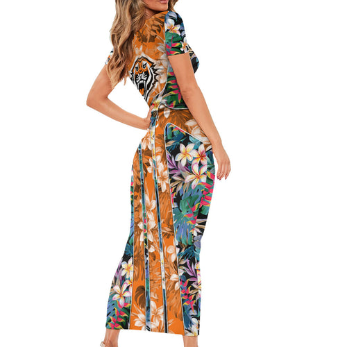 Wests Tigers Family Matching Short Sleeve Bodycon Dress and Hawaiian Shirt Tropical Hibiscus Floral Pattern With Orange And Black Accents