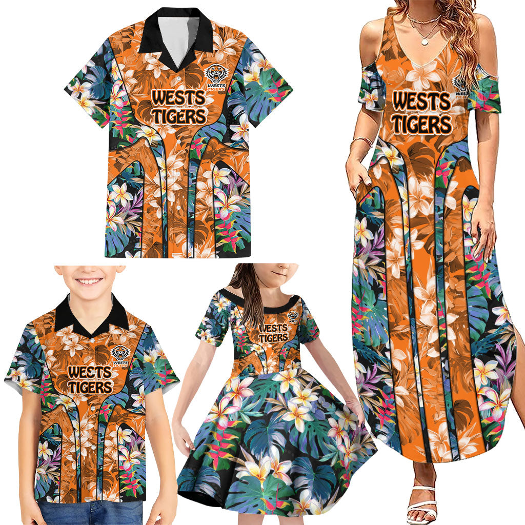 Wests Tigers Family Matching Summer Maxi Dress and Hawaiian Shirt Tropical Hibiscus Floral Pattern With Orange And Black Accents
