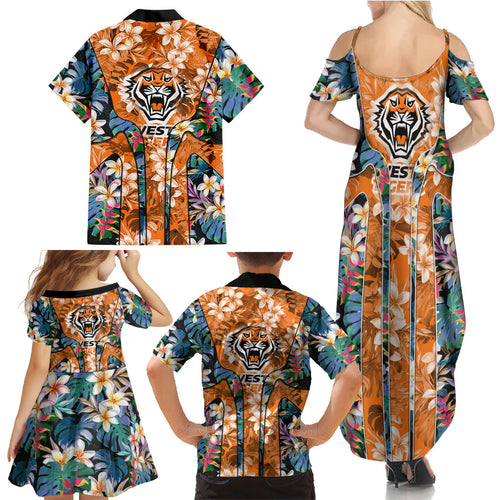 Wests Tigers Family Matching Summer Maxi Dress and Hawaiian Shirt Tropical Hibiscus Floral Pattern With Orange And Black Accents