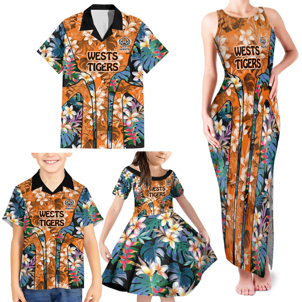 Wests Tigers Family Matching Tank Maxi Dress and Hawaiian Shirt Tropical Hibiscus Floral Pattern With Orange And Black Accents