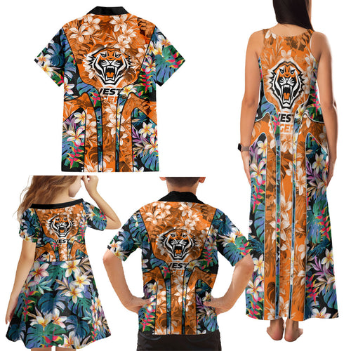 Wests Tigers Family Matching Tank Maxi Dress and Hawaiian Shirt Tropical Hibiscus Floral Pattern With Orange And Black Accents