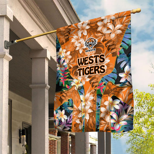 Wests Tigers Garden Flag Tropical Hibiscus Floral Pattern With Orange And Black Accents