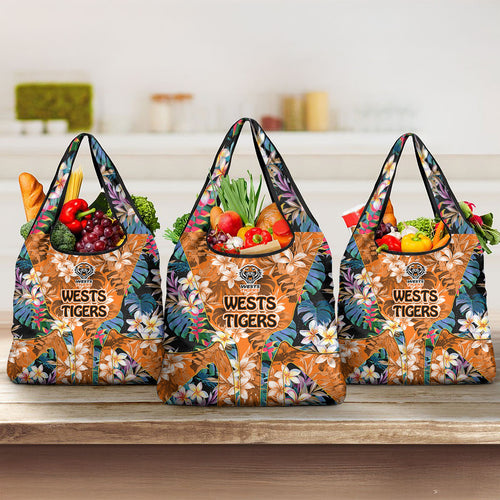 Wests Tigers Grocery Bag Tropical Hibiscus Floral Pattern With Orange And Black Accents