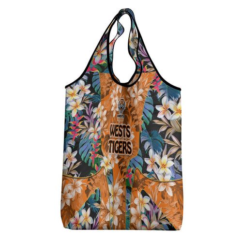 Wests Tigers Grocery Bag Tropical Hibiscus Floral Pattern With Orange And Black Accents