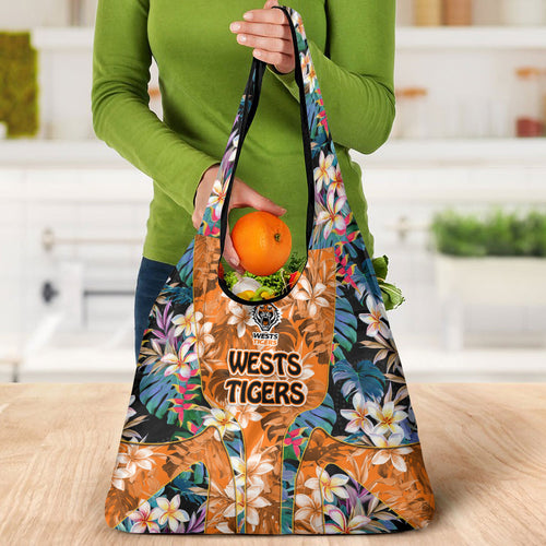 Wests Tigers Grocery Bag Tropical Hibiscus Floral Pattern With Orange And Black Accents