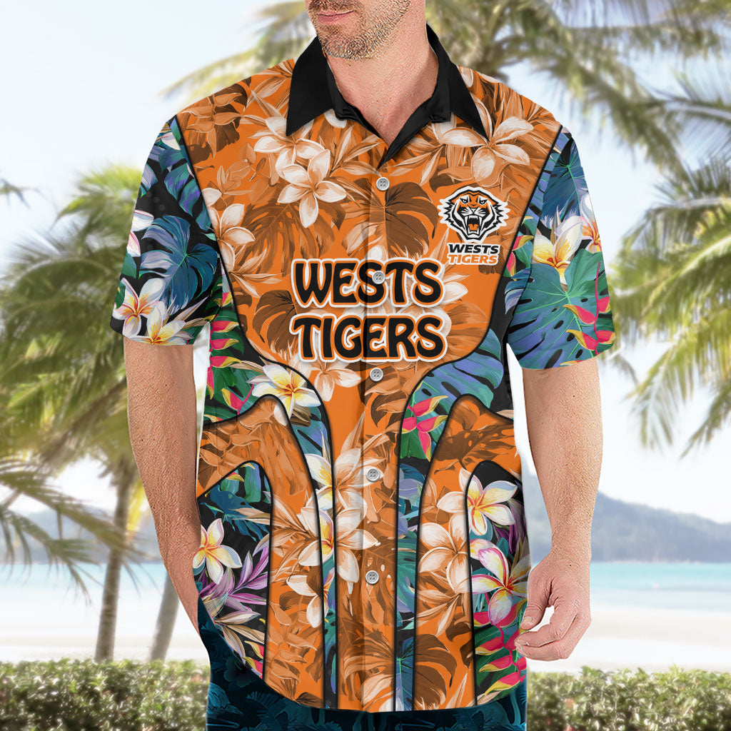 Wests Tigers Hawaiian Shirt Tropical Hibiscus Floral Pattern With Orange And Black Accents