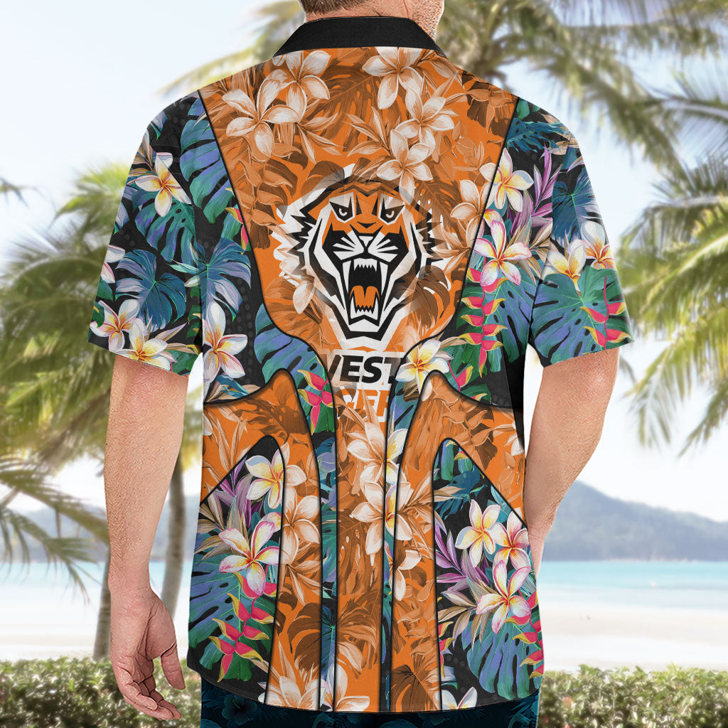 Wests Tigers Hawaiian Shirt Tropical Hibiscus Floral Pattern With Orange And Black Accents