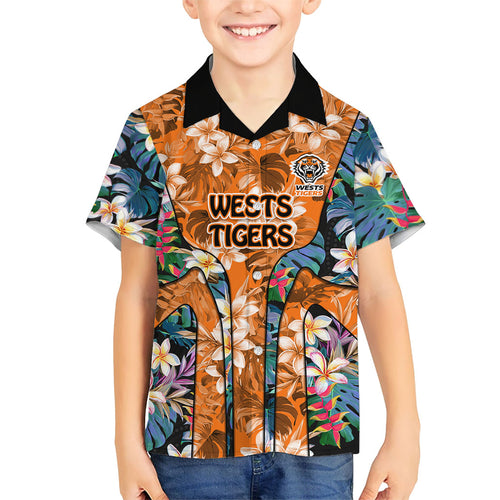 Wests Tigers Hawaiian Shirt Tropical Hibiscus Floral Pattern With Orange And Black Accents