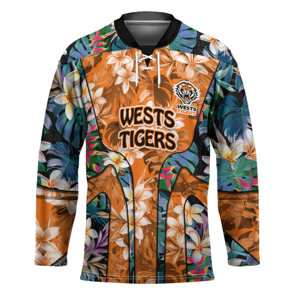Wests Tigers Hockey Jersey Tropical Hibiscus Floral Pattern With Orange And Black Accents