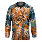 Wests Tigers Hockey Jersey Tropical Hibiscus Floral Pattern With Orange And Black Accents