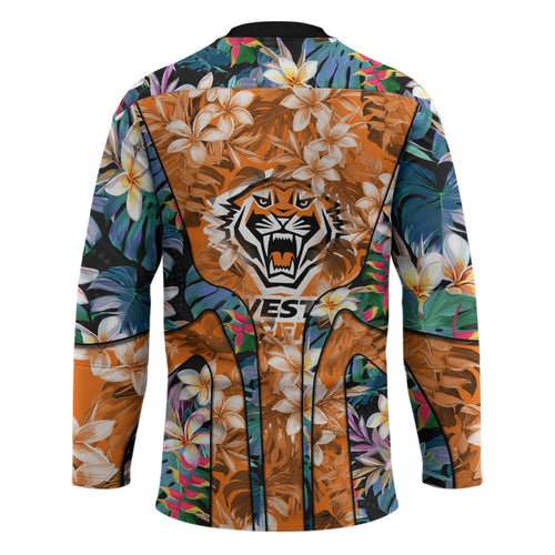 Wests Tigers Hockey Jersey Tropical Hibiscus Floral Pattern With Orange And Black Accents
