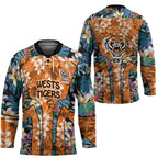 Wests Tigers Hockey Jersey Tropical Hibiscus Floral Pattern With Orange And Black Accents