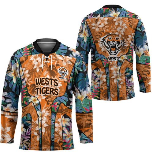 Wests Tigers Hockey Jersey Tropical Hibiscus Floral Pattern With Orange And Black Accents