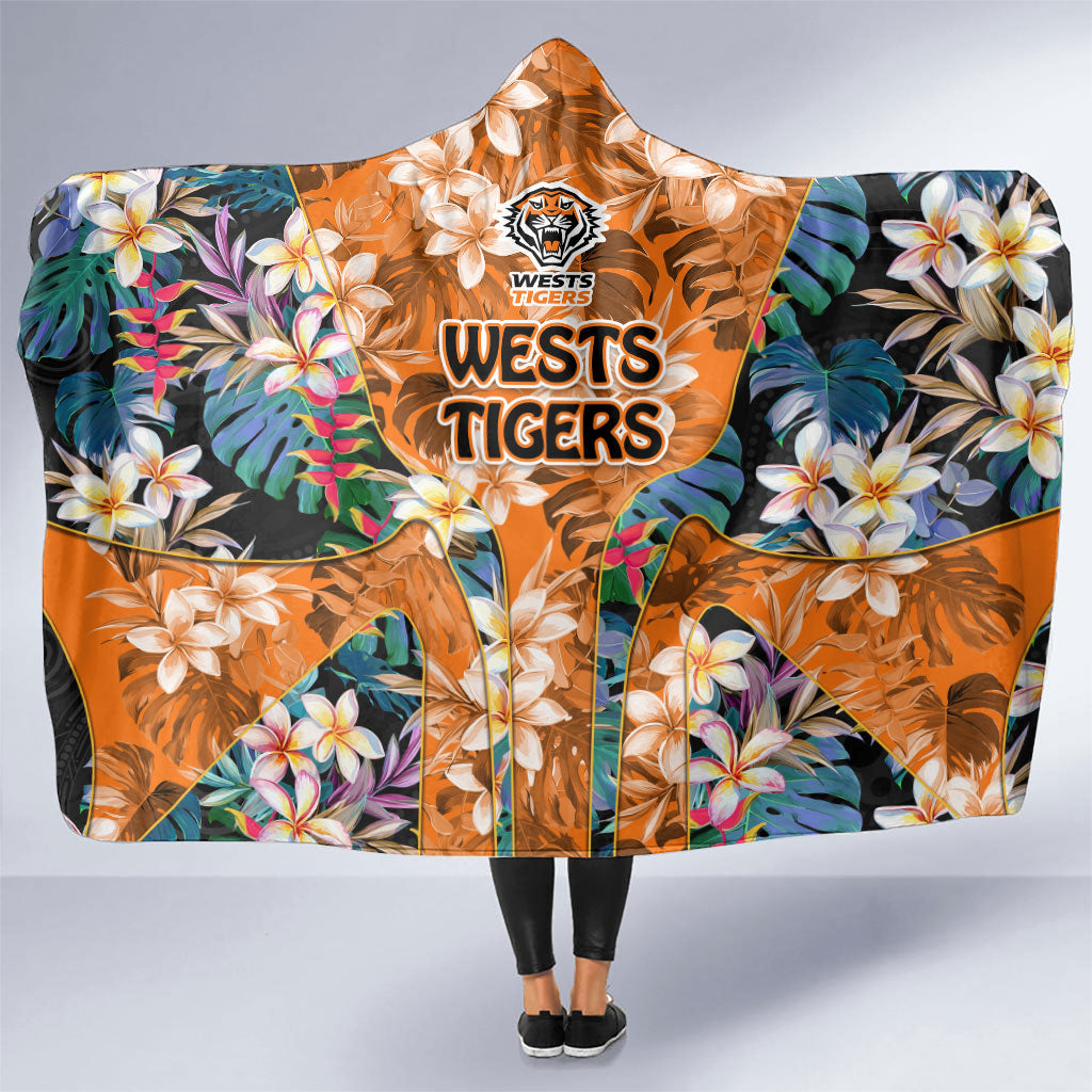 Wests Tigers Hooded Blanket Tropical Hibiscus Floral Pattern With Orange And Black Accents