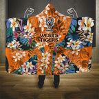 Wests Tigers Hooded Blanket Tropical Hibiscus Floral Pattern With Orange And Black Accents