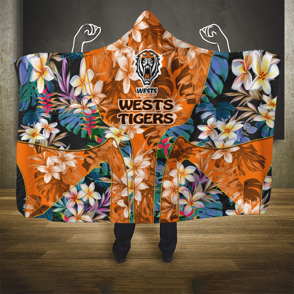 Wests Tigers Hooded Blanket Tropical Hibiscus Floral Pattern With Orange And Black Accents